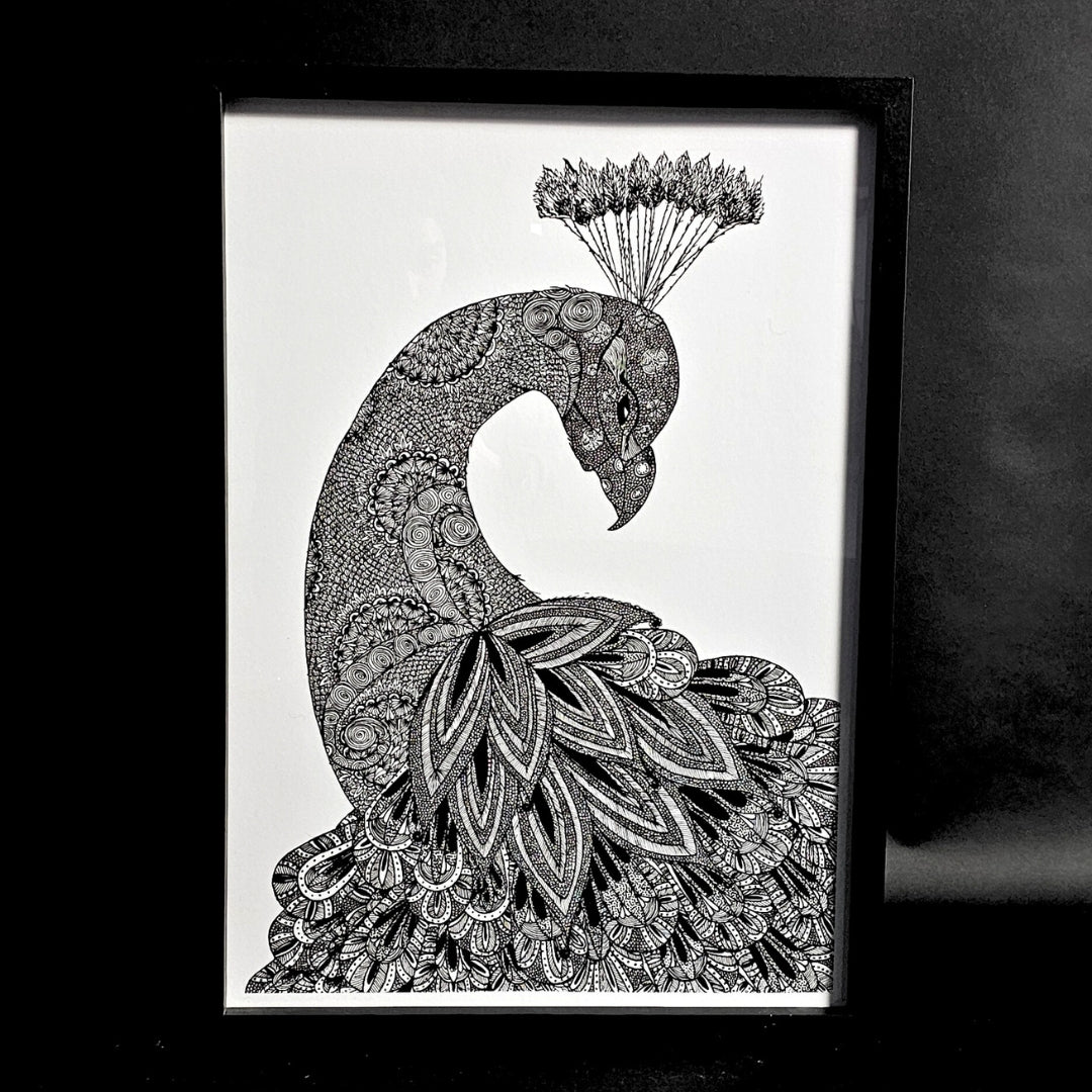 proud peacock black and white drawing print