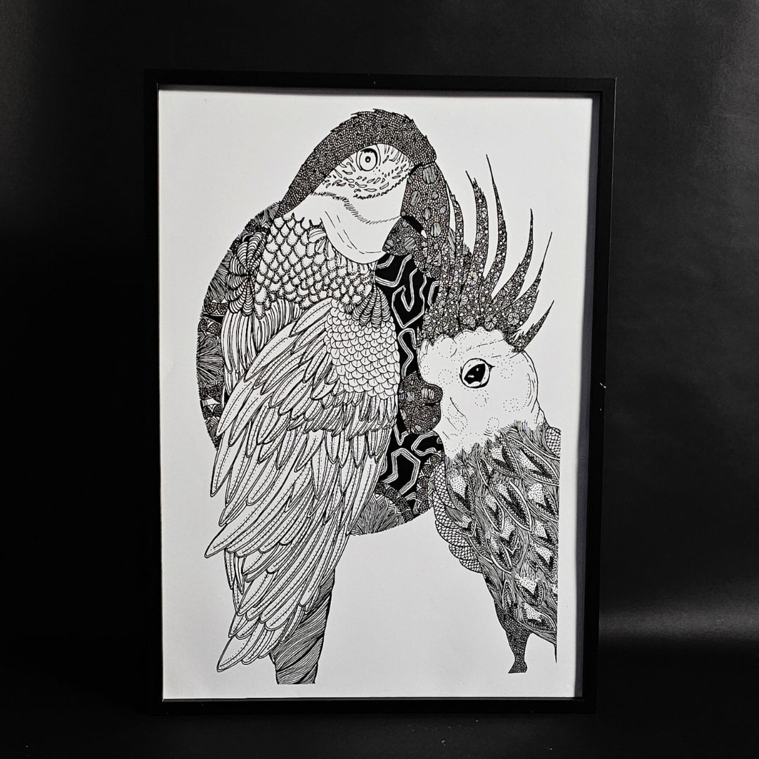 black and white art of parrots