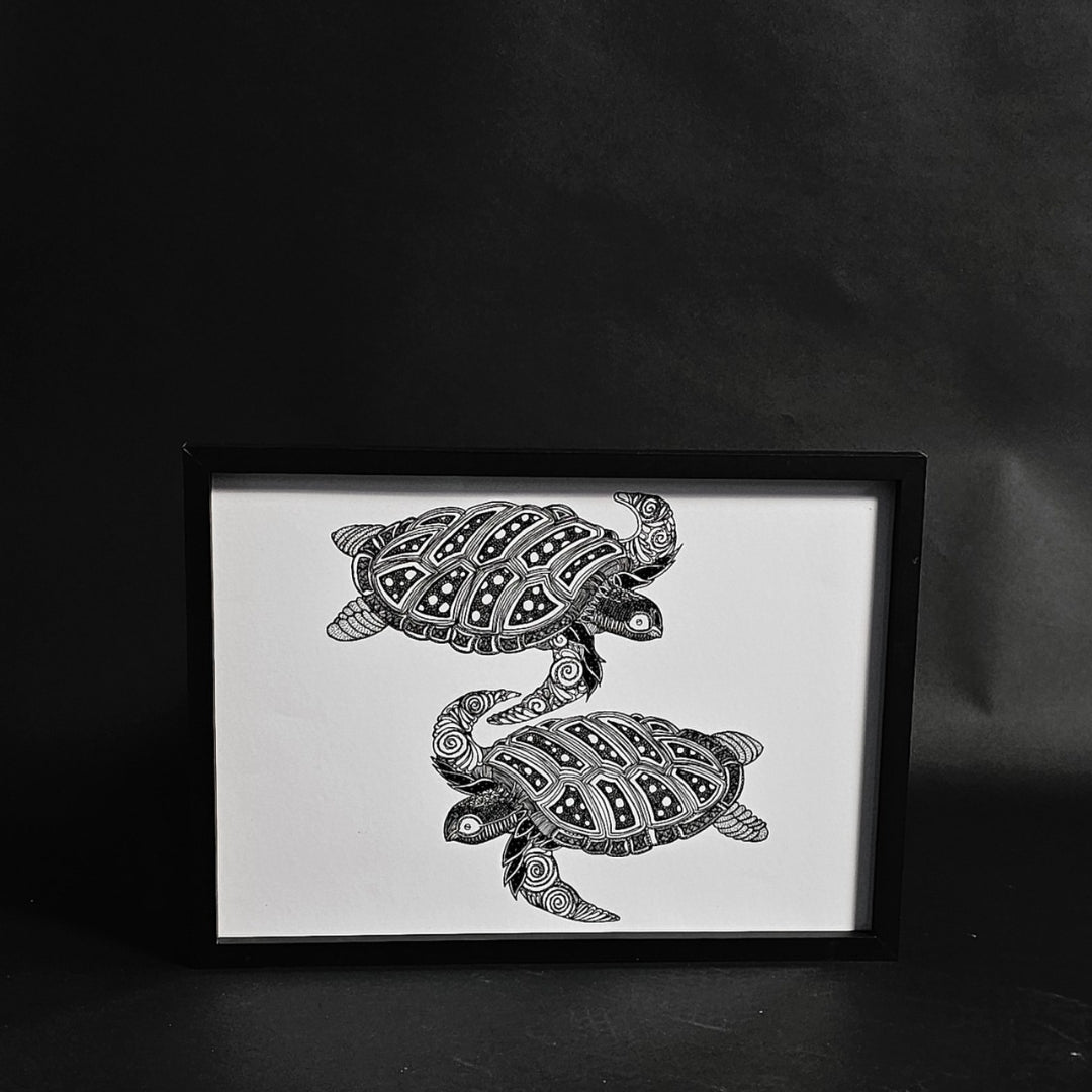 two turtles black and white art
